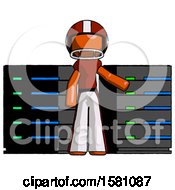 Poster, Art Print Of Orange Football Player Man With Server Racks In Front Of Two Networked Systems
