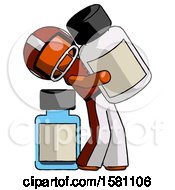 Poster, Art Print Of Orange Football Player Man Holding Large White Medicine Bottle With Bottle In Background