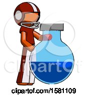 Poster, Art Print Of Orange Football Player Man Standing Beside Large Round Flask Or Beaker