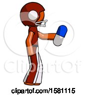 Orange Football Player Man Holding Blue Pill Walking To Right