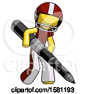 Poster, Art Print Of Yellow Football Player Man Writing With A Really Big Pen