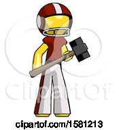 Yellow Football Player Man With Sledgehammer Standing Ready To Work Or Defend