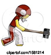 Poster, Art Print Of Yellow Football Player Man Hitting With Sledgehammer Or Smashing Something
