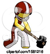 Poster, Art Print Of Yellow Football Player Man Hitting With Sledgehammer Or Smashing Something At Angle