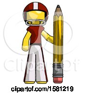 Yellow Football Player Man With Large Pencil Standing Ready To Write
