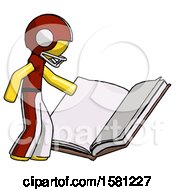 Poster, Art Print Of Yellow Football Player Man Reading Big Book While Standing Beside It