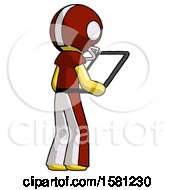 Poster, Art Print Of Yellow Football Player Man Looking At Tablet Device Computer Facing Away