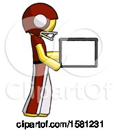 Poster, Art Print Of Yellow Football Player Man Show Tablet Device Computer To Viewer Blank Area