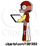 Poster, Art Print Of Yellow Football Player Man Looking At Tablet Device Computer With Back To Viewer