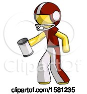Yellow Football Player Man Begger Holding Can Begging Or Asking For Charity Facing Left