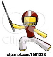 Poster, Art Print Of Yellow Football Player Man With Ninja Sword Katana In Defense Pose