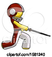 Poster, Art Print Of Yellow Football Player Man With Ninja Sword Katana Slicing Or Striking Something