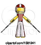 Poster, Art Print Of Yellow Football Player Man Posing With Two Ninja Sword Katanas