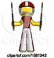 Poster, Art Print Of Yellow Football Player Man Posing With Two Ninja Sword Katanas Up