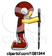 Poster, Art Print Of Yellow Football Player Man Kneeling With Ninja Sword Katana Showing Respect