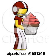 Poster, Art Print Of Yellow Football Player Man Holding Large Cupcake Ready To Eat Or Serve