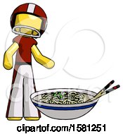 Poster, Art Print Of Yellow Football Player Man And Noodle Bowl Giant Soup Restaraunt Concept