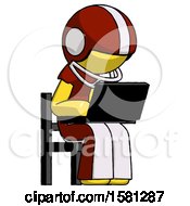 Poster, Art Print Of Yellow Football Player Man Using Laptop Computer While Sitting In Chair Angled Right