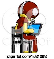 Poster, Art Print Of Yellow Football Player Man Using Laptop Computer While Sitting In Chair View From Back