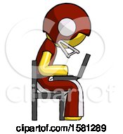 Poster, Art Print Of Yellow Football Player Man Using Laptop Computer While Sitting In Chair View From Side