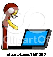 Poster, Art Print Of Yellow Football Player Man Using Large Laptop Computer Side Orthographic View