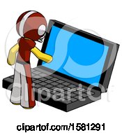 Poster, Art Print Of Yellow Football Player Man Using Large Laptop Computer