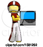Yellow Football Player Man Holding Laptop Computer Presenting Something On Screen