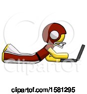 Poster, Art Print Of Yellow Football Player Man Using Laptop Computer While Lying On Floor Side View