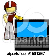 Poster, Art Print Of Yellow Football Player Man Beside Large Laptop Computer Leaning Against It