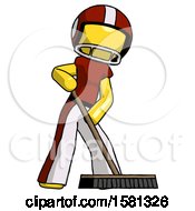 Yellow Football Player Man Cleaning Services Janitor Sweeping Floor With Push Broom