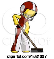 Poster, Art Print Of Yellow Football Player Man Cleaning Services Janitor Sweeping Side View