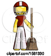 Yellow Football Player Man Standing With Broom Cleaning Services