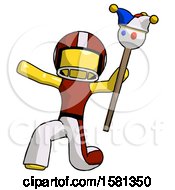Poster, Art Print Of Yellow Football Player Man Holding Jester Staff Posing Charismatically