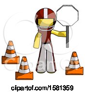 Poster, Art Print Of Yellow Football Player Man Holding Stop Sign By Traffic Cones Under Construction Concept