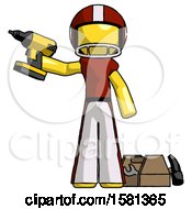 Poster, Art Print Of Yellow Football Player Man Holding Drill Ready To Work Toolchest And Tools To Right