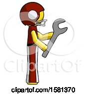 Poster, Art Print Of Yellow Football Player Man Using Wrench Adjusting Something To Right