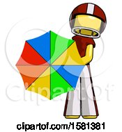 Yellow Football Player Man Holding Rainbow Umbrella Out To Viewer