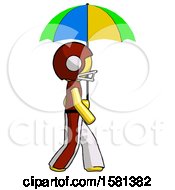 Poster, Art Print Of Yellow Football Player Man Walking With Colored Umbrella