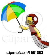 Yellow Football Player Man Flying With Rainbow Colored Umbrella