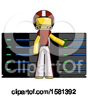 Poster, Art Print Of Yellow Football Player Man With Server Racks In Front Of Two Networked Systems