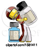 Poster, Art Print Of Yellow Football Player Man Holding Large White Medicine Bottle With Bottle In Background