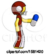 Poster, Art Print Of Yellow Football Player Man Holding Blue Pill Walking To Right
