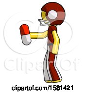 Poster, Art Print Of Yellow Football Player Man Holding Red Pill Walking To Left