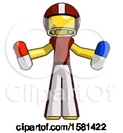 Poster, Art Print Of Yellow Football Player Man Holding A Red Pill And Blue Pill