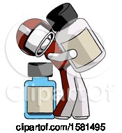 Poster, Art Print Of White Football Player Man Holding Large White Medicine Bottle With Bottle In Background
