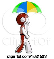 White Football Player Man Walking With Colored Umbrella