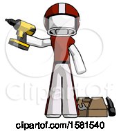 White Football Player Man Holding Drill Ready To Work Toolchest And Tools To Right