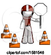 Poster, Art Print Of White Football Player Man Holding Stop Sign By Traffic Cones Under Construction Concept