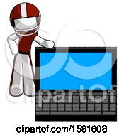 Poster, Art Print Of White Football Player Man Beside Large Laptop Computer Leaning Against It