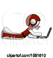 Poster, Art Print Of White Football Player Man Using Laptop Computer While Lying On Floor Side View